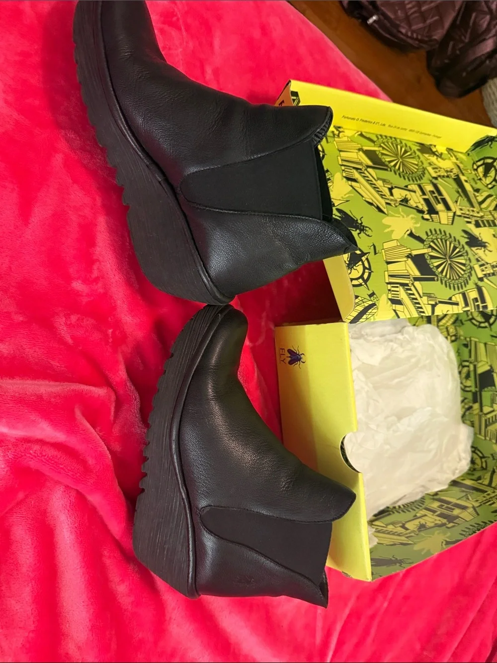 Fly London Black Leather Wedge Ankle Boots with Yellow Branded Box
